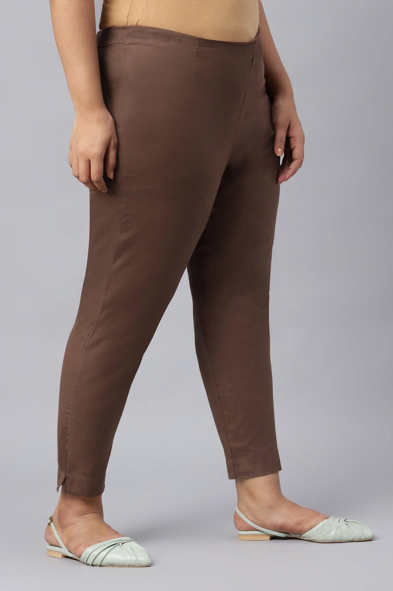 Deep Brown Solid Women Plus Size Slim Pants - wforwoman