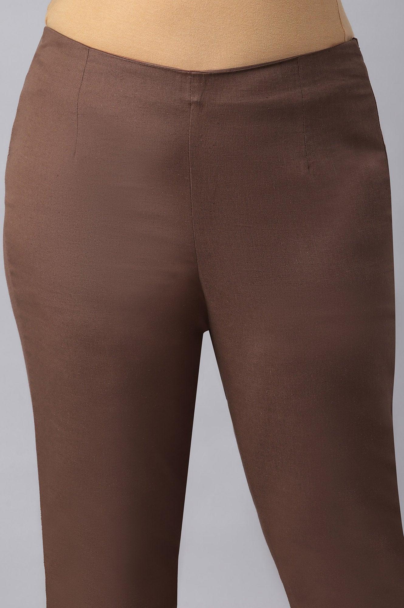 Deep Brown Solid Women Plus Size Slim Pants - wforwoman