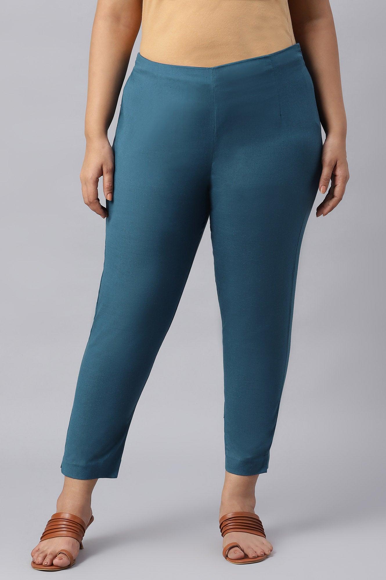Plus Size Teal Blue Cotton Blend Slim Pants - wforwoman