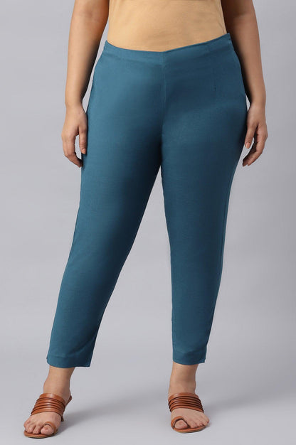 Plus Size Teal Blue Cotton Blend Slim Pants - wforwoman