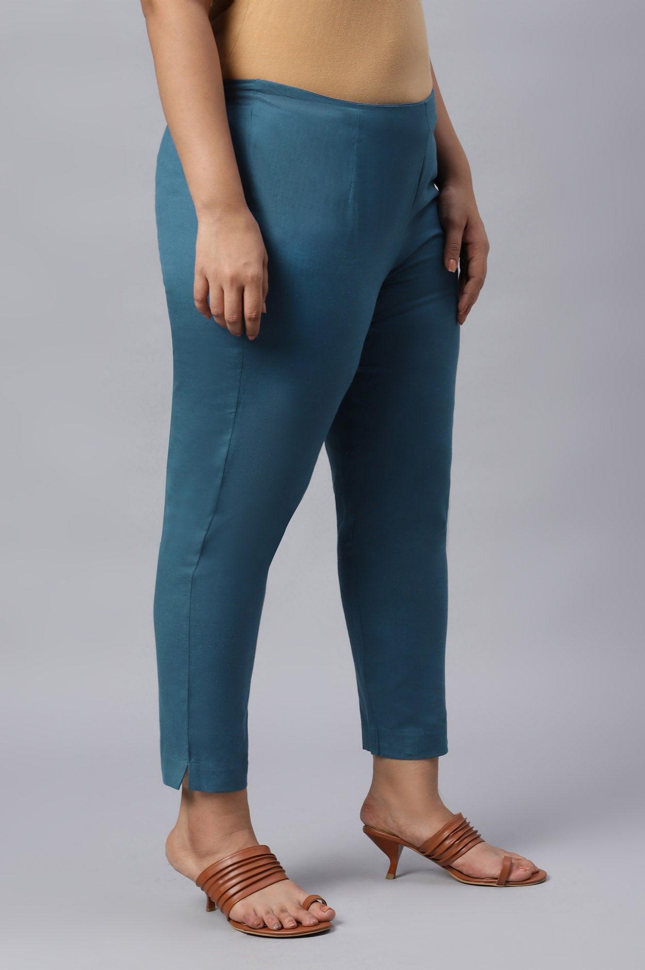Plus Size Teal Blue Cotton Blend Slim Pants - wforwoman