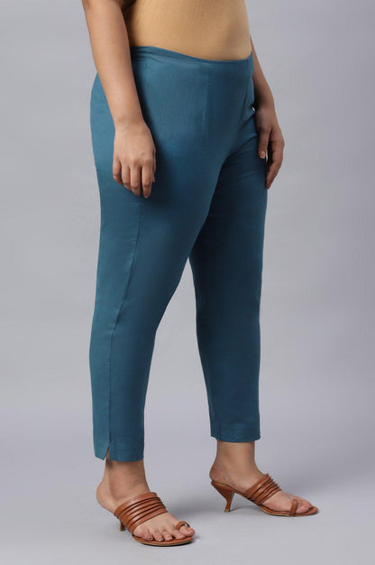 Plus Size Teal Blue Cotton Blend Slim Pants - wforwoman