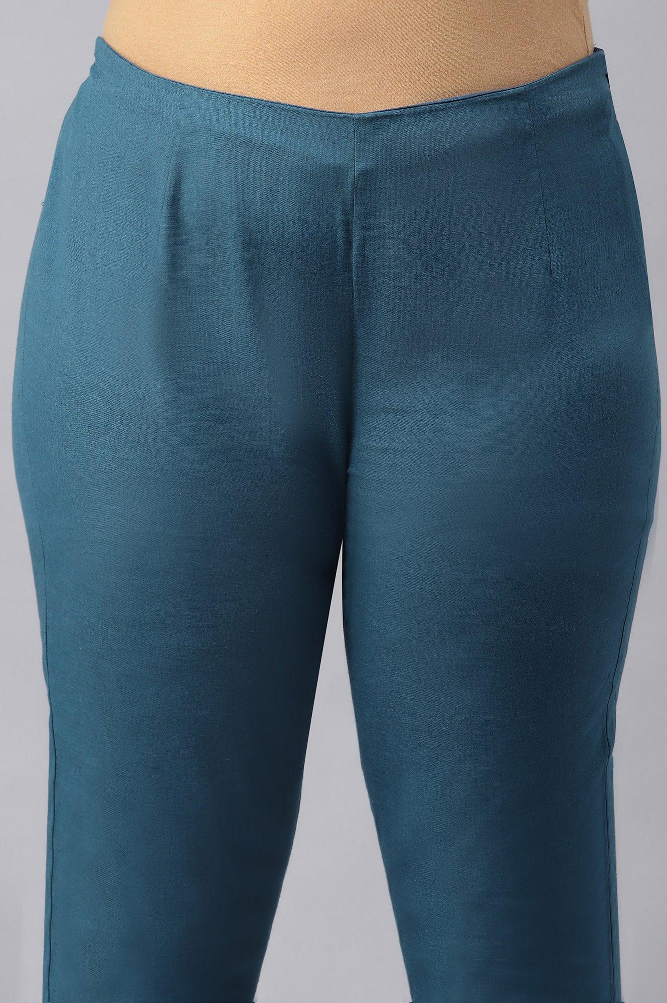 Plus Size Teal Blue Cotton Blend Slim Pants - wforwoman