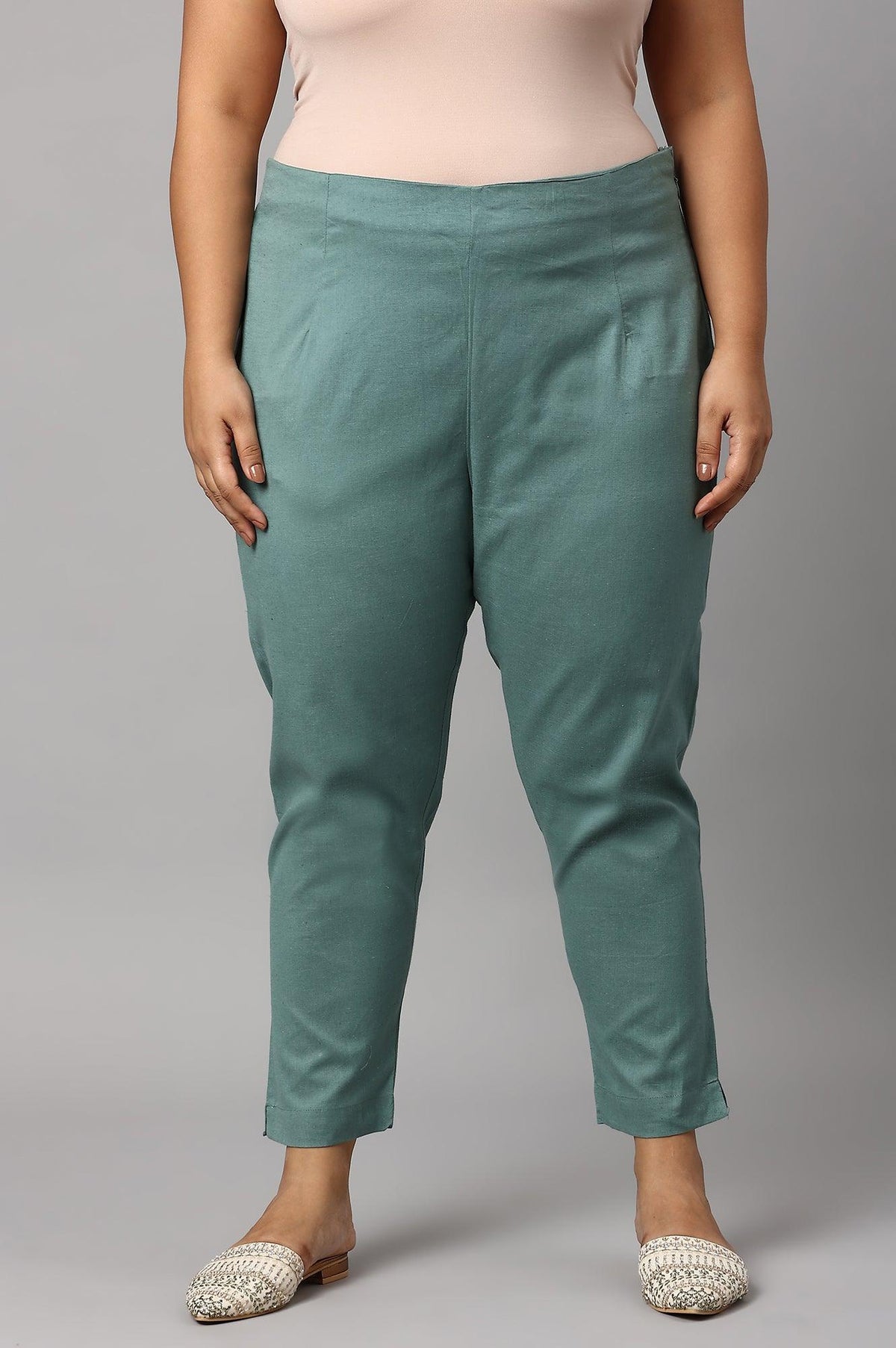 Plus Size Aqua Blue Cotton Blend Slim Pants - XS