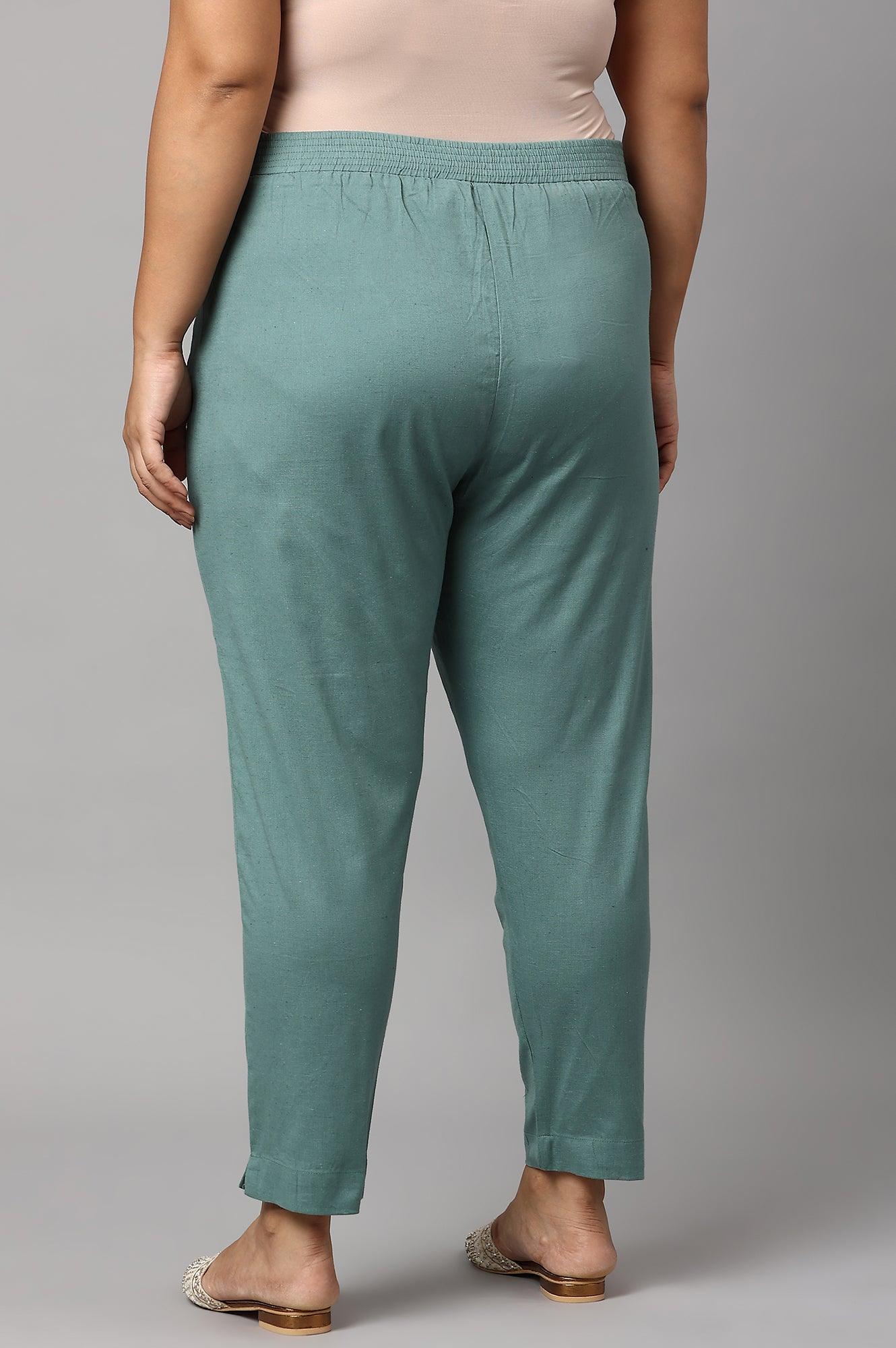 Plus Size Aqua Blue Cotton Blend Slim Pants - wforwoman