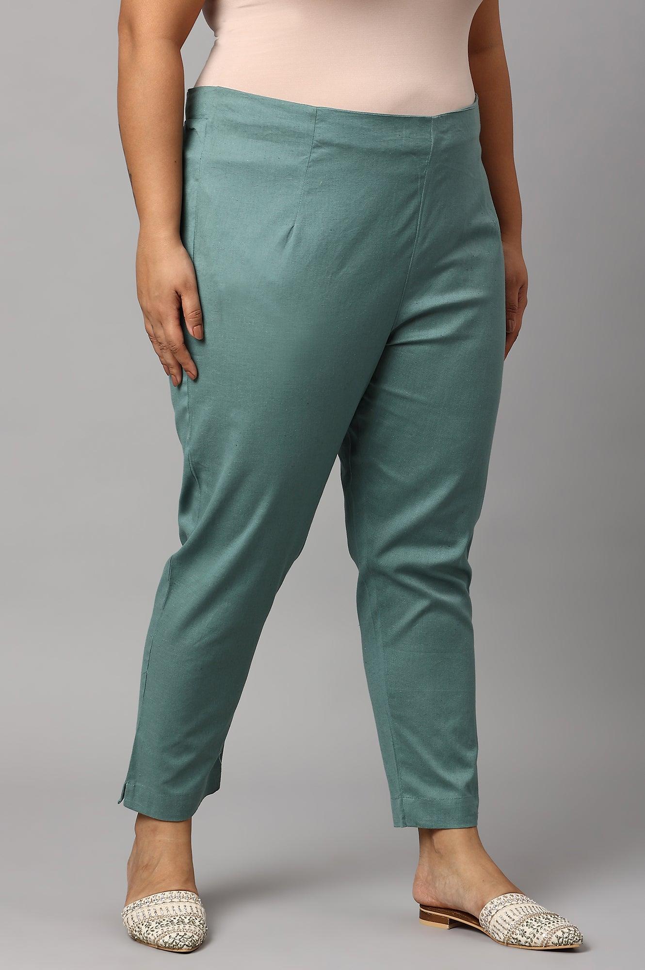 Plus Size Aqua Blue Cotton Blend Slim Pants - wforwoman