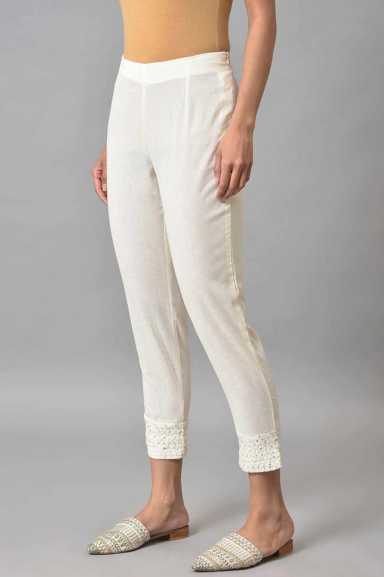 Ecru Slim Pants With Embroidered Hem - wforwoman