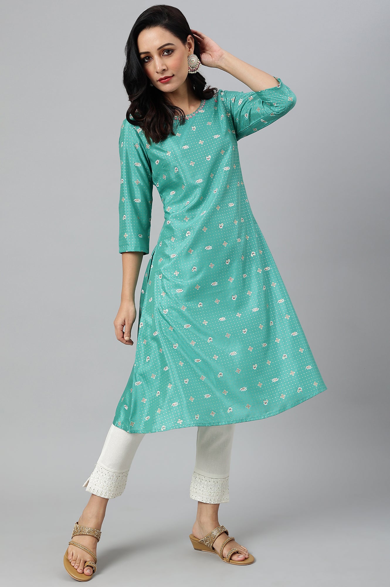 Ecru Slim Pants With Embroidered Hem