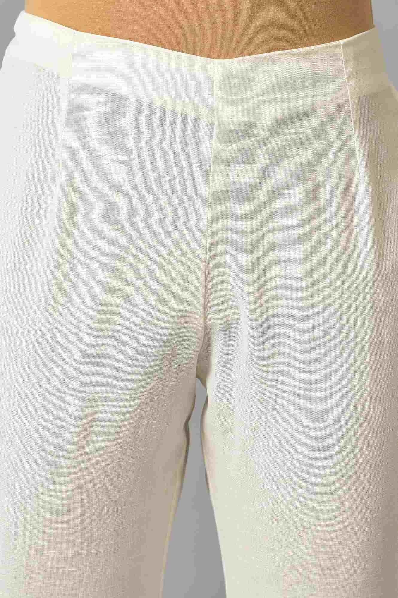 Ecru Slim Pants With Embroidered Hem - wforwoman