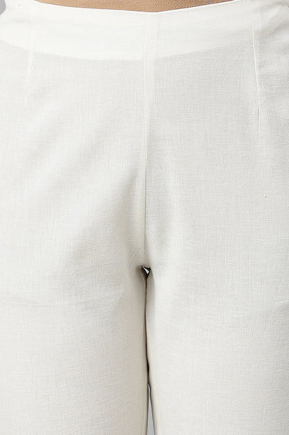 Ecru Slim Pants With Embroidered Hem