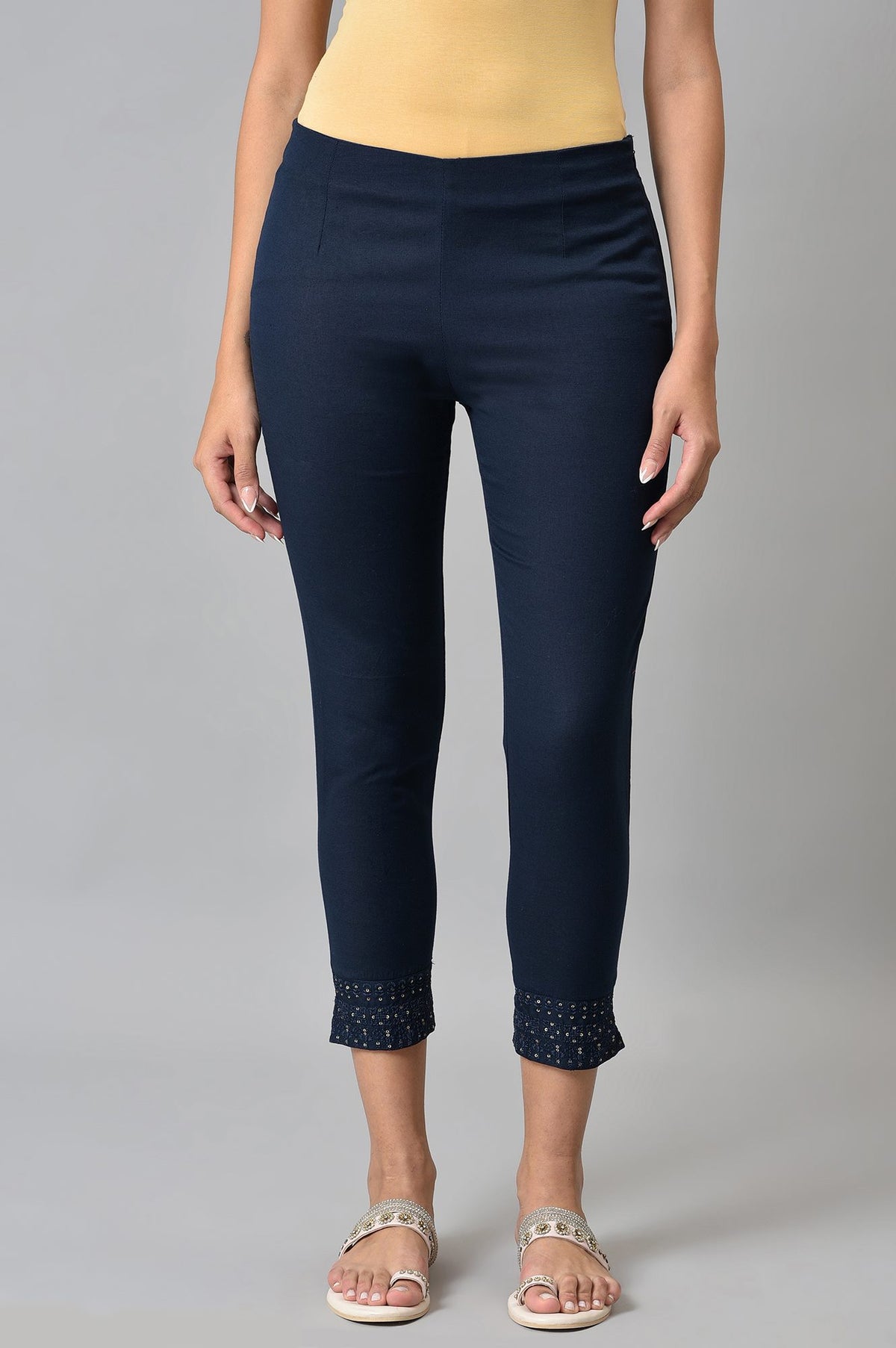 Navy Blue Solid Embroidered Slim Pants - XS