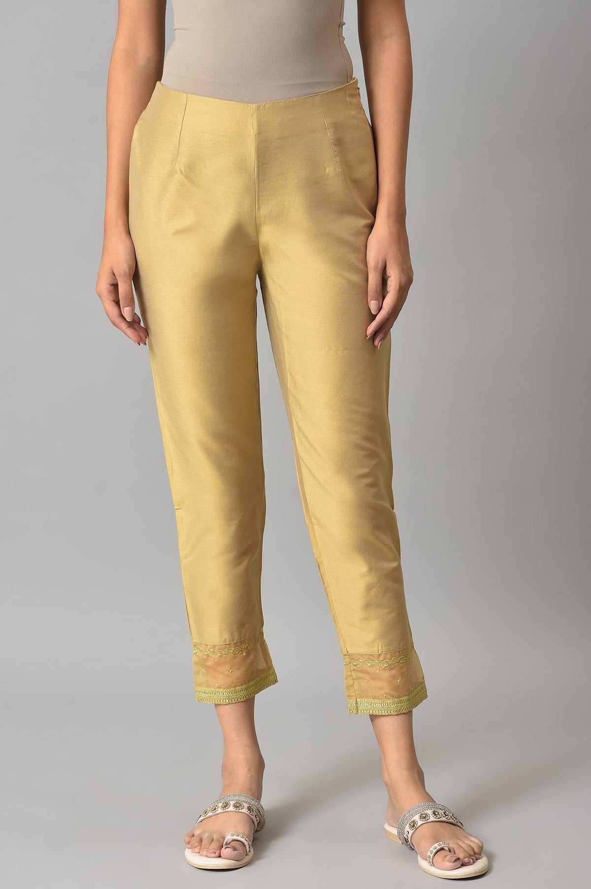 Gold Embroidered Light Festive Slim Pants - M