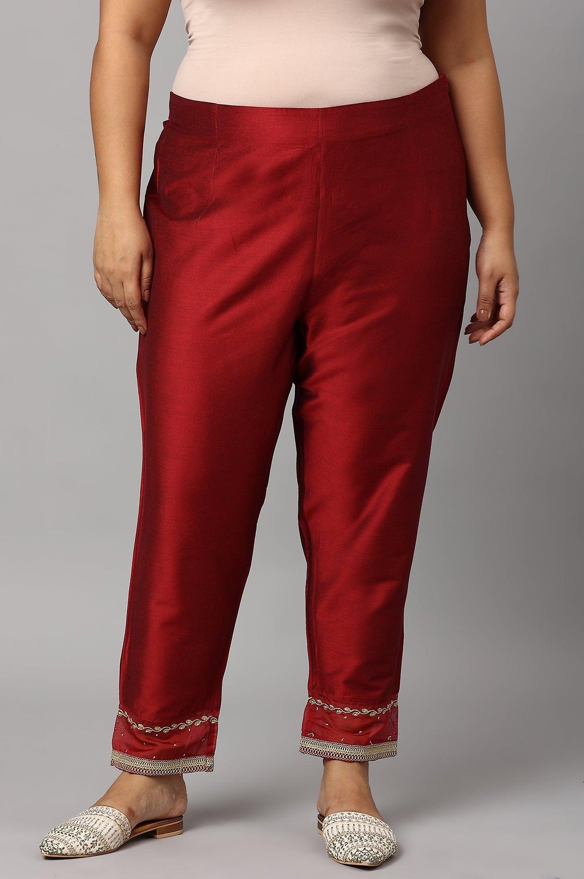 Red Embroidered Light Festive Plus Size Slim Pants - 4XL
