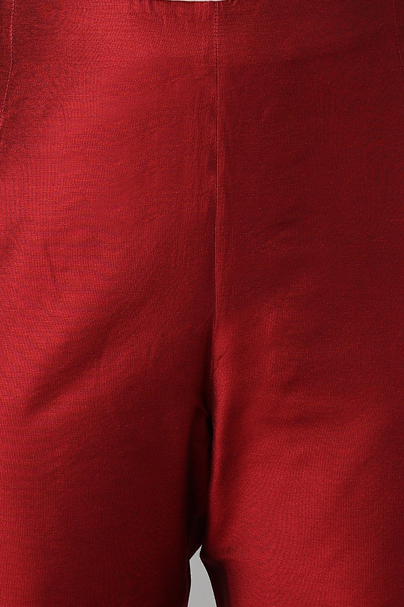 Red Embroidered Light Festive Plus Size Slim Pants - wforwoman