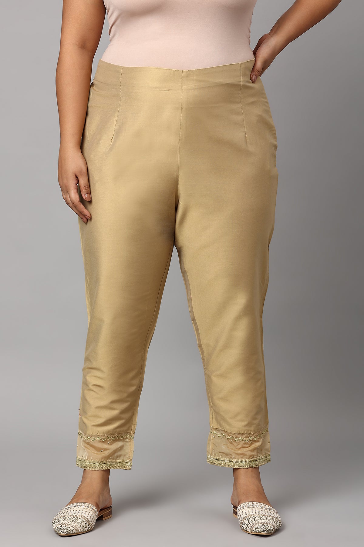 Gold Embroidered Light Festive Plus Size Slim Pants - 20