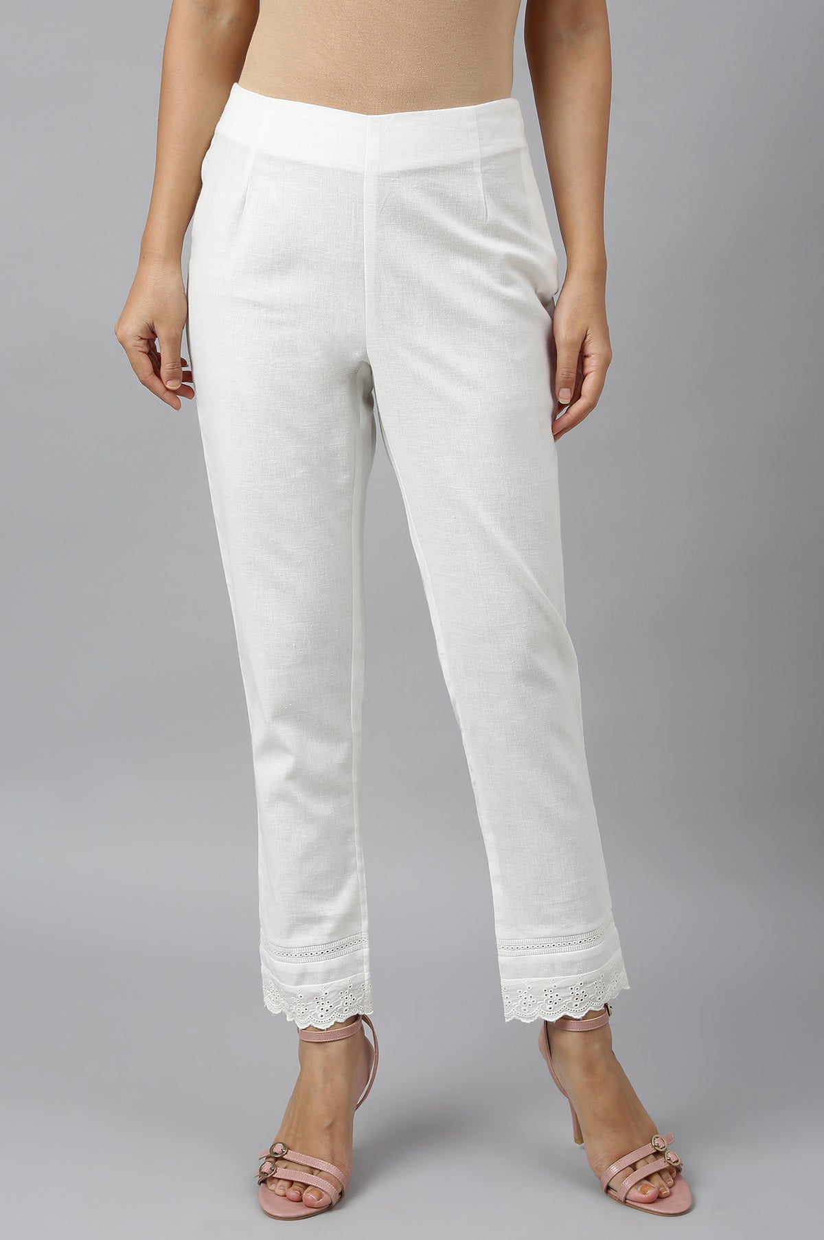 Ecru Slim Pants With Lace - XS