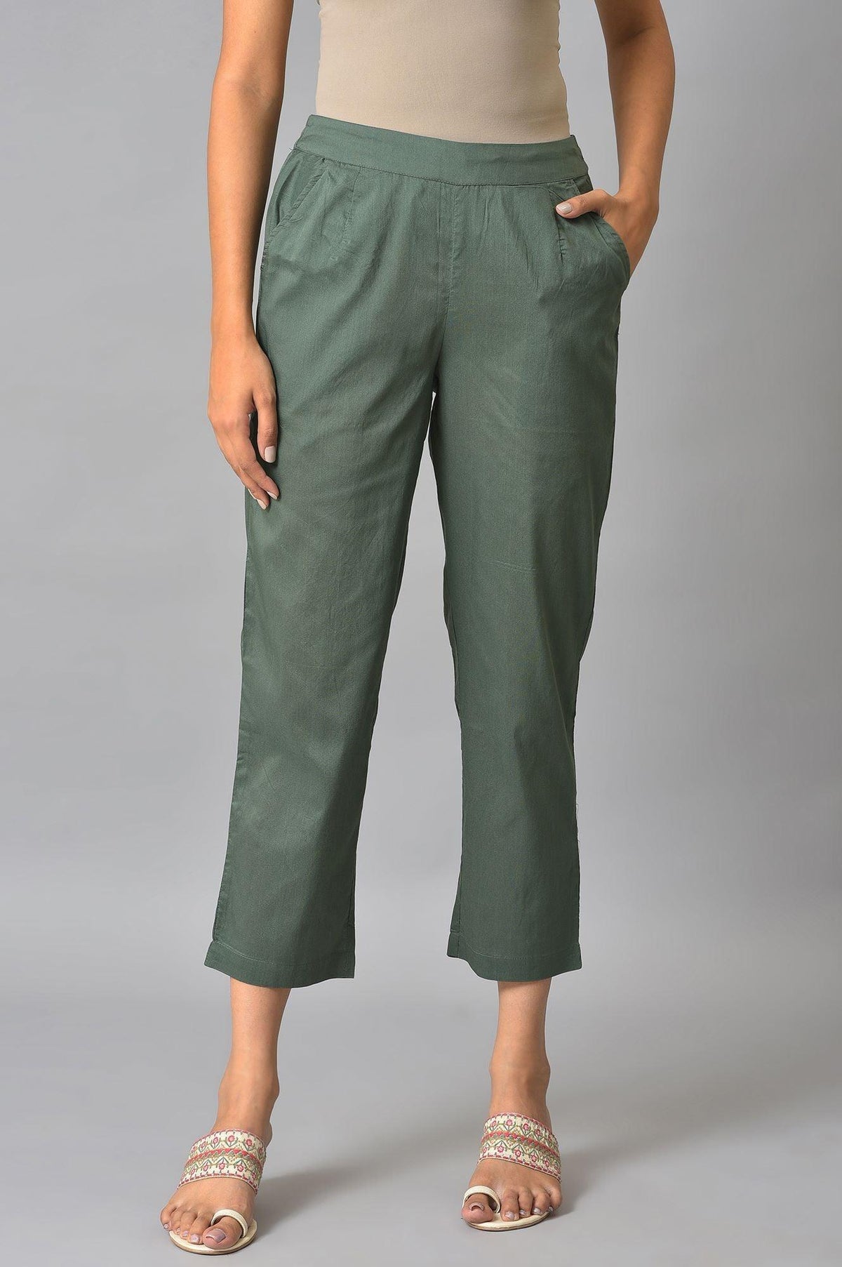 Olive Green Solid Cotton Straight Pants - XS