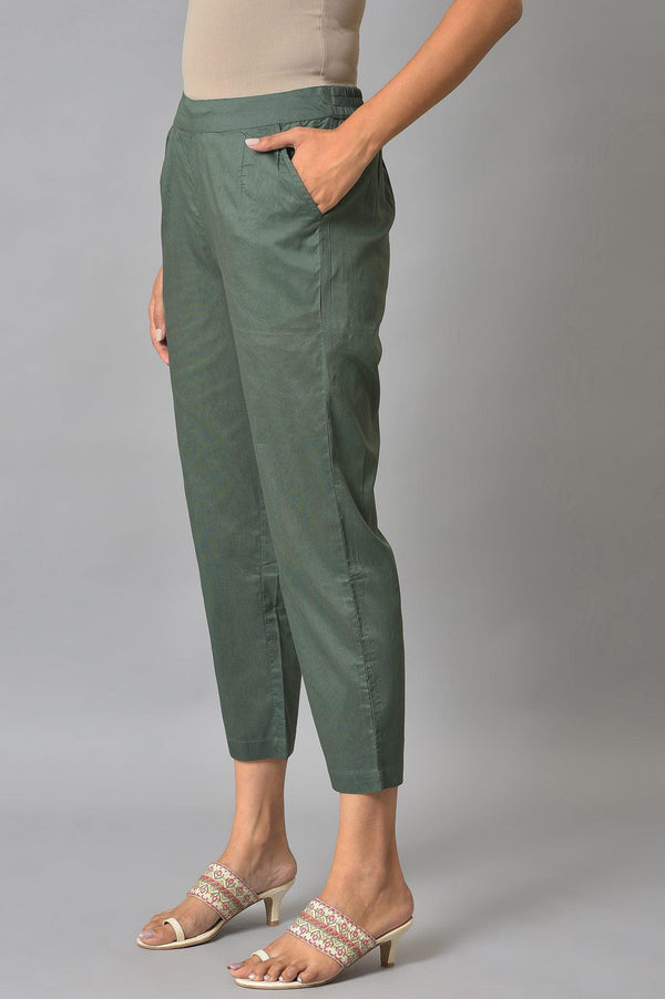 Olive Green Solid Cotton Straight Pants