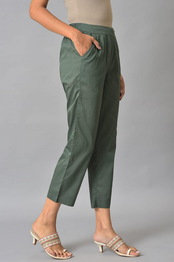 Olive Green Solid Cotton Straight Pants