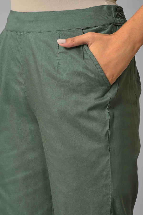 Olive Green Solid Cotton Straight Pants