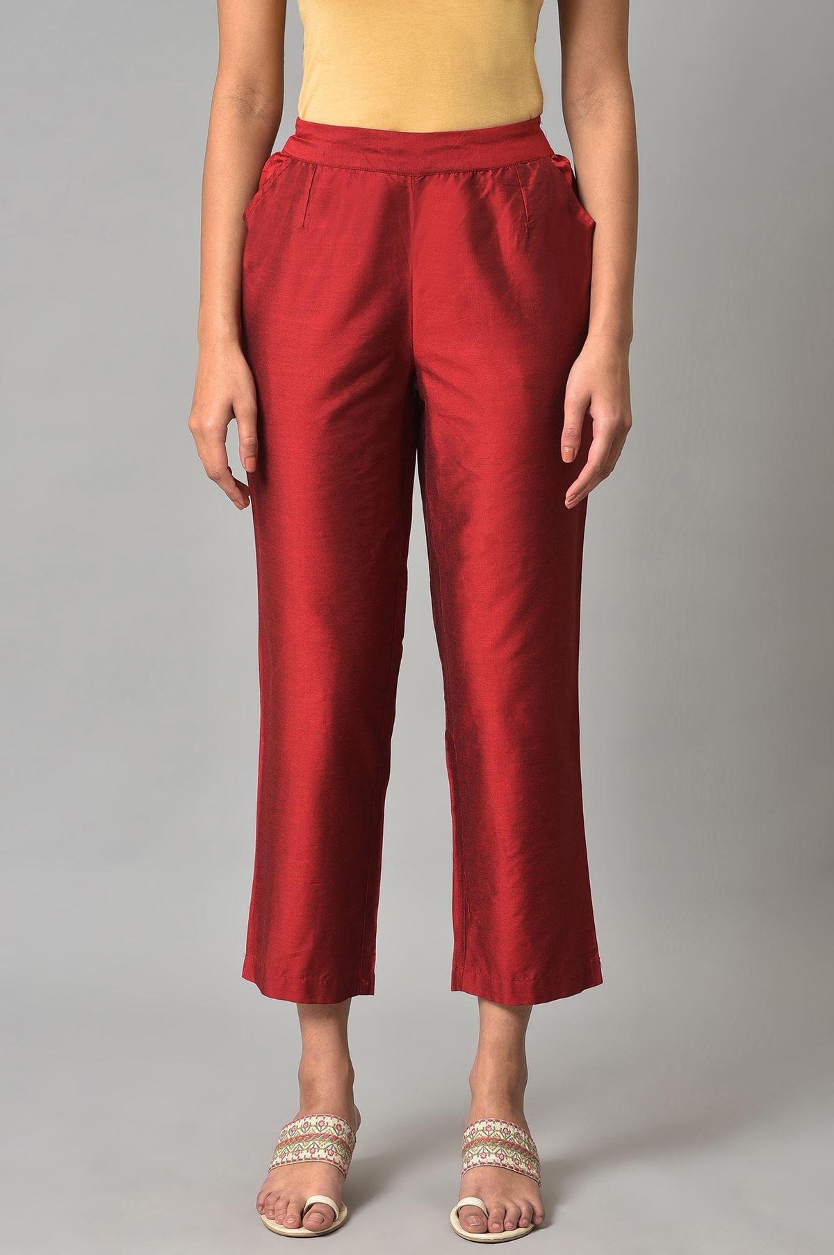 Red Solid Straight Women Pants