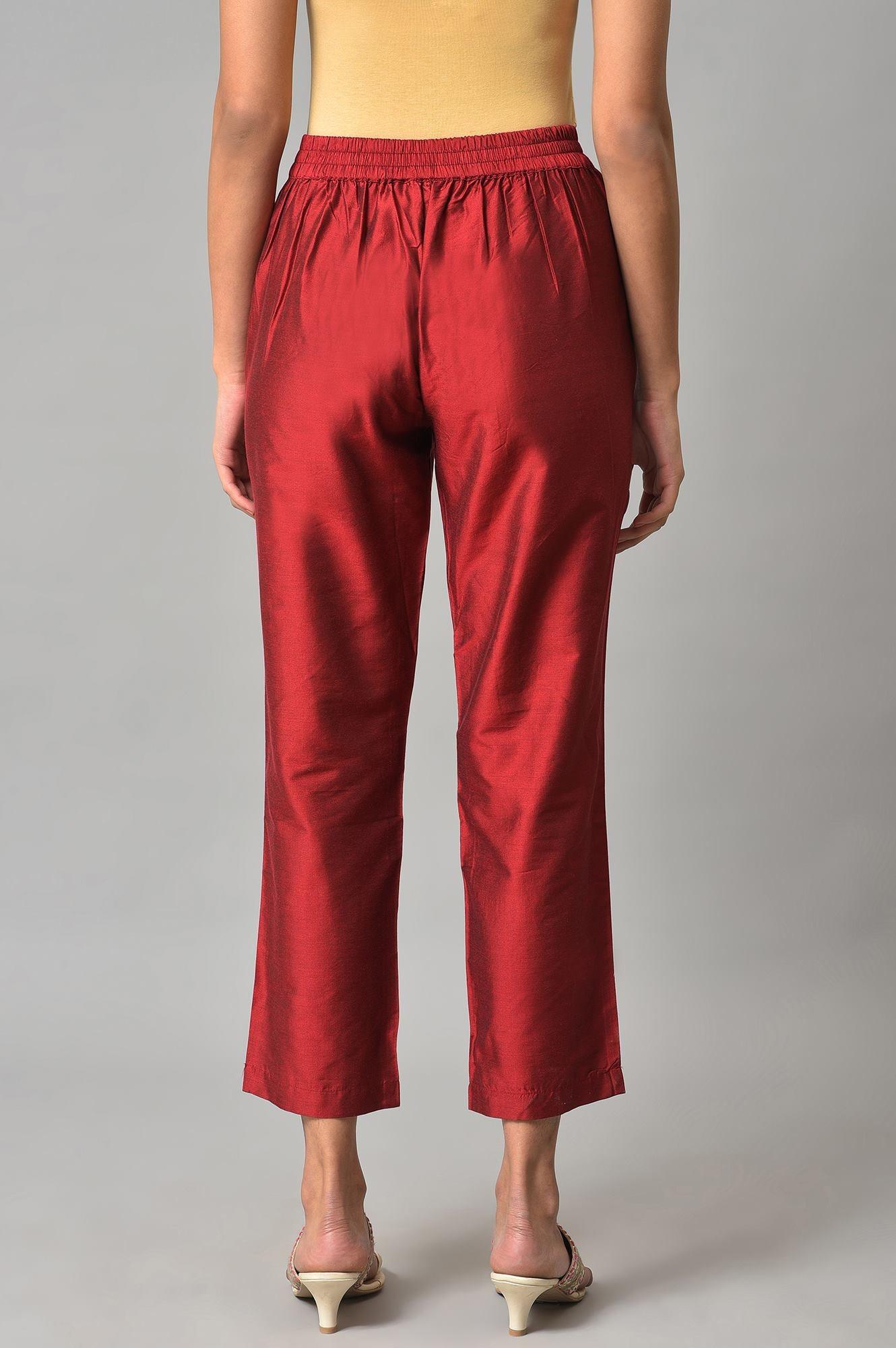Red Solid Straight Women Pants - wforwoman