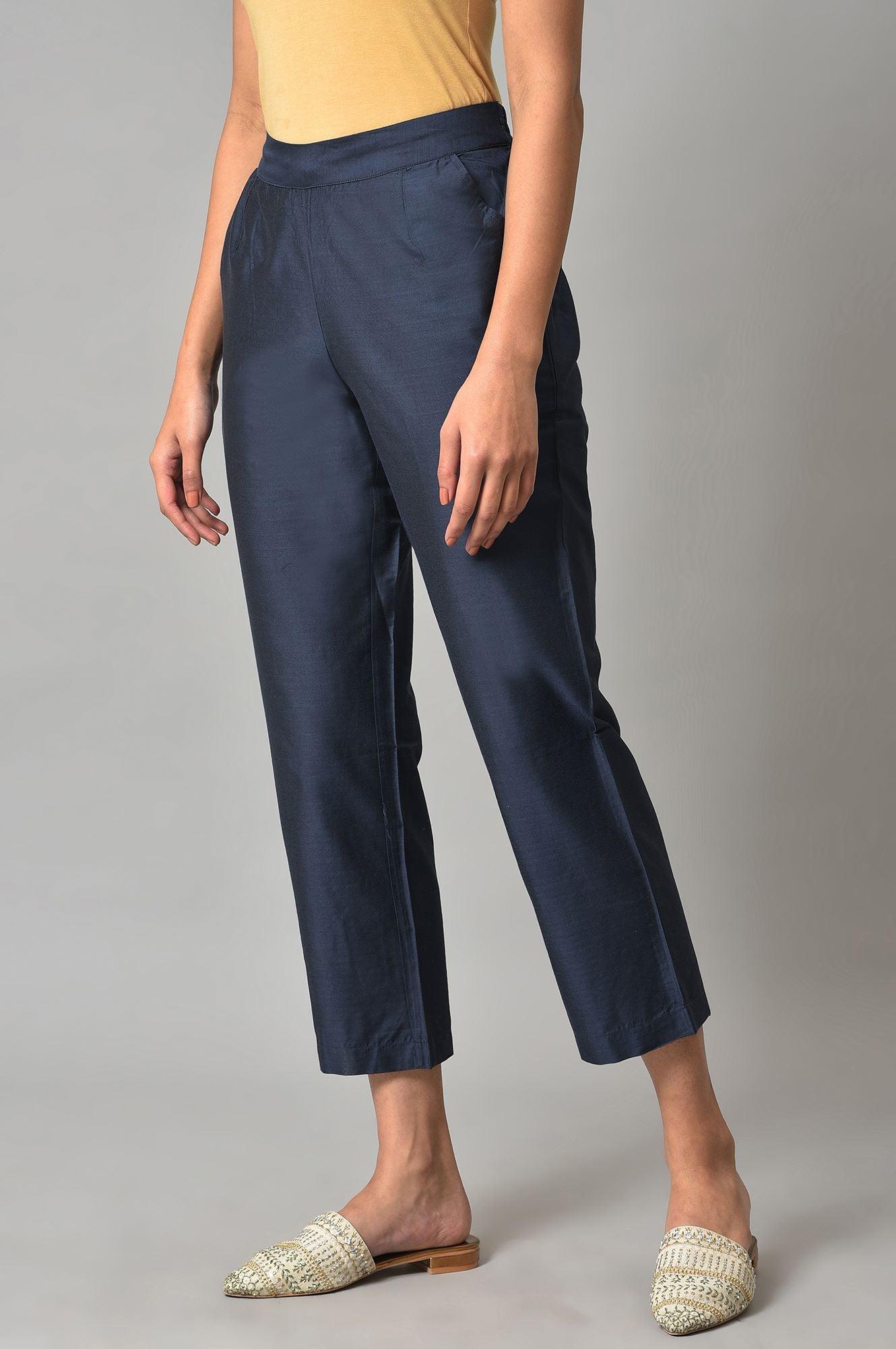 Blue Solid Straight Women Pants - wforwoman