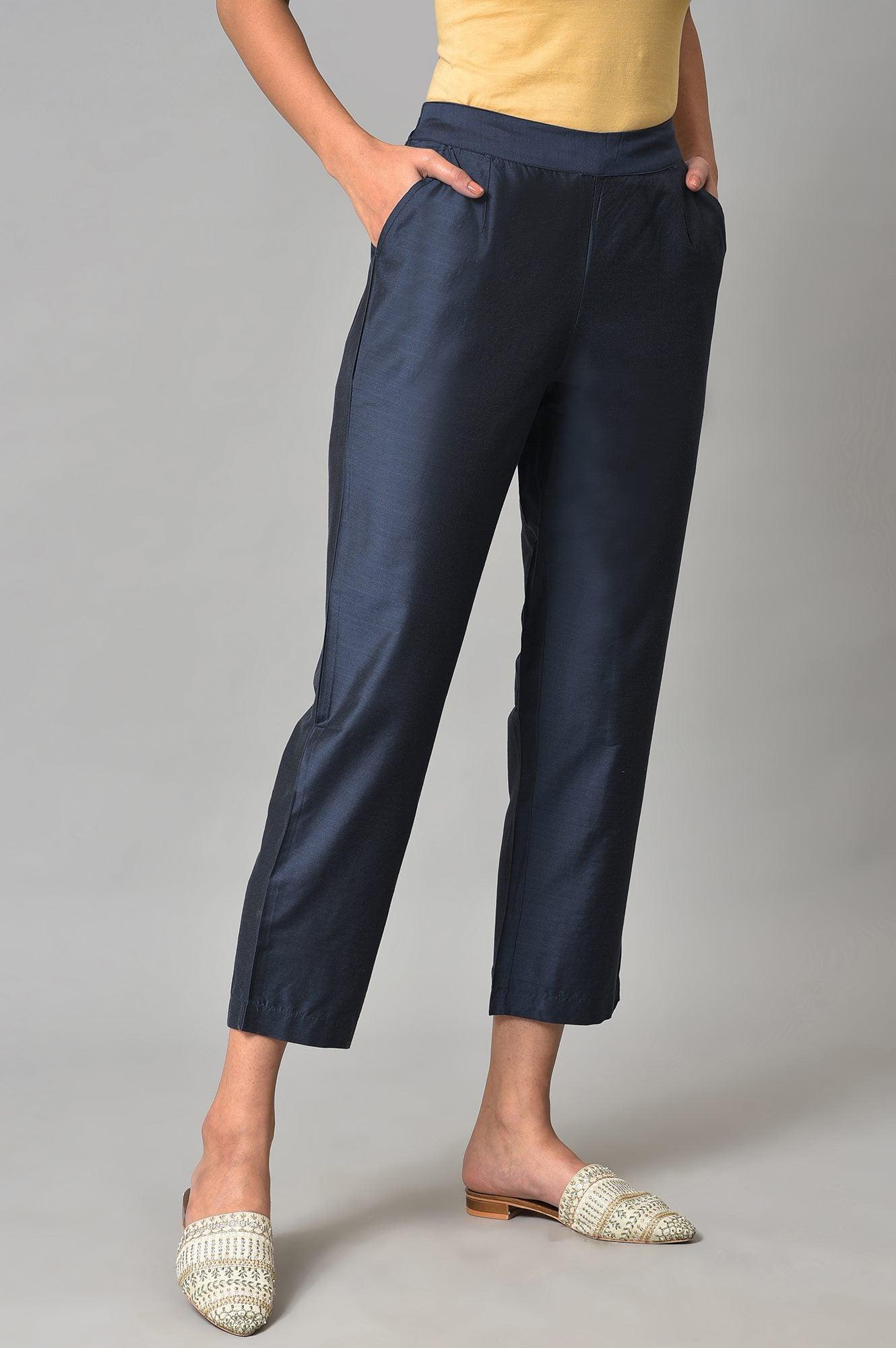 Blue Solid Straight Women Pants - wforwoman