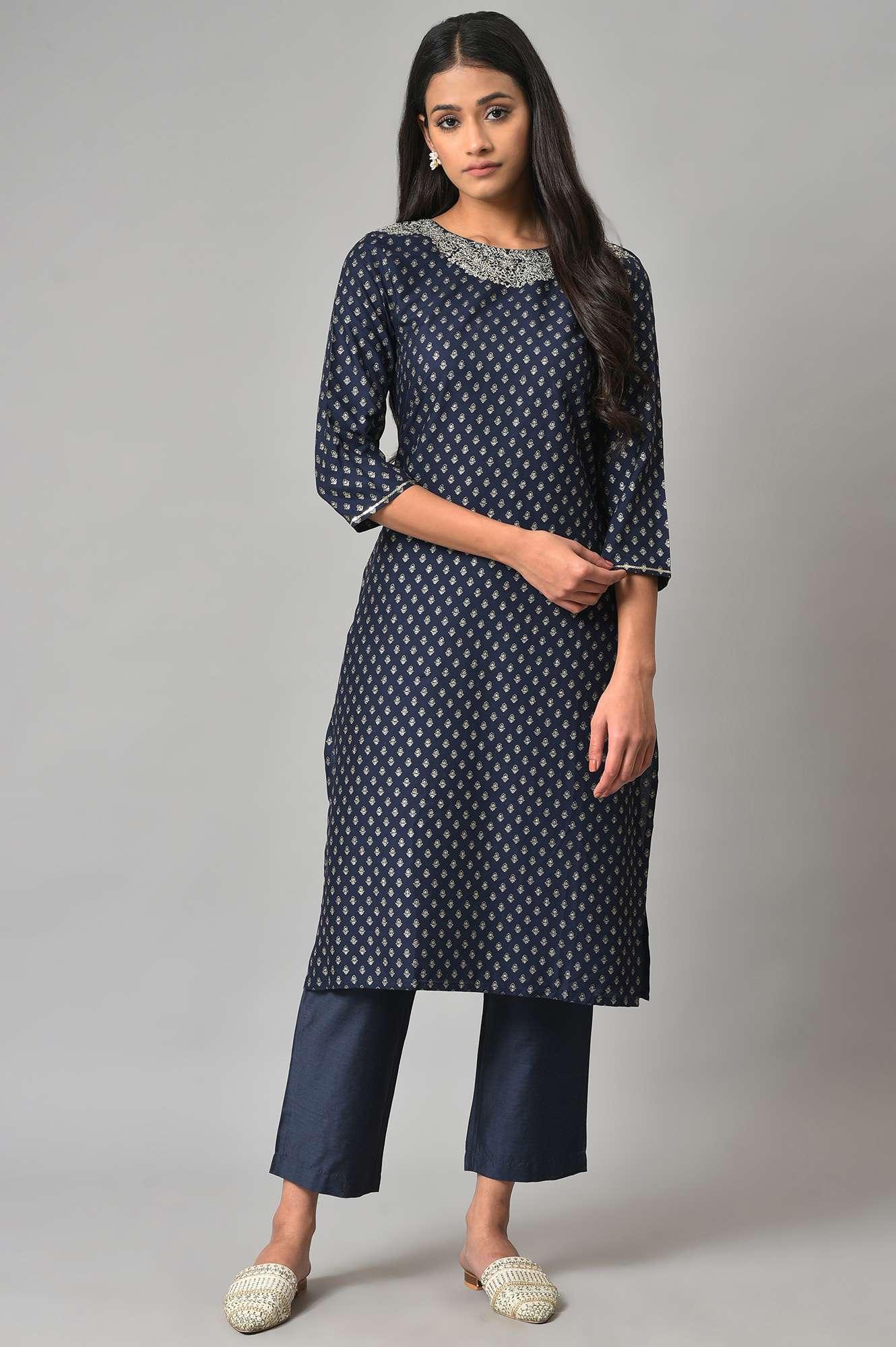 Blue Solid Straight Women Pants - wforwoman