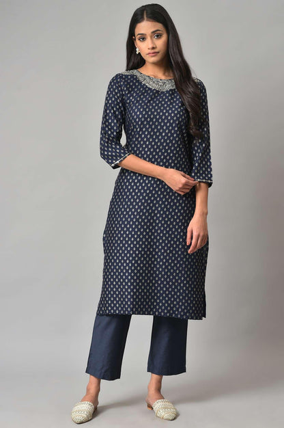 Blue Solid Straight Women Pants - wforwoman