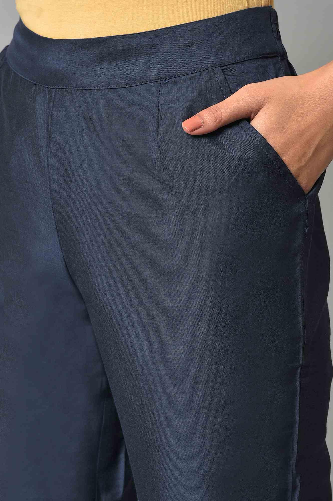 Blue Solid Straight Women Pants - wforwoman