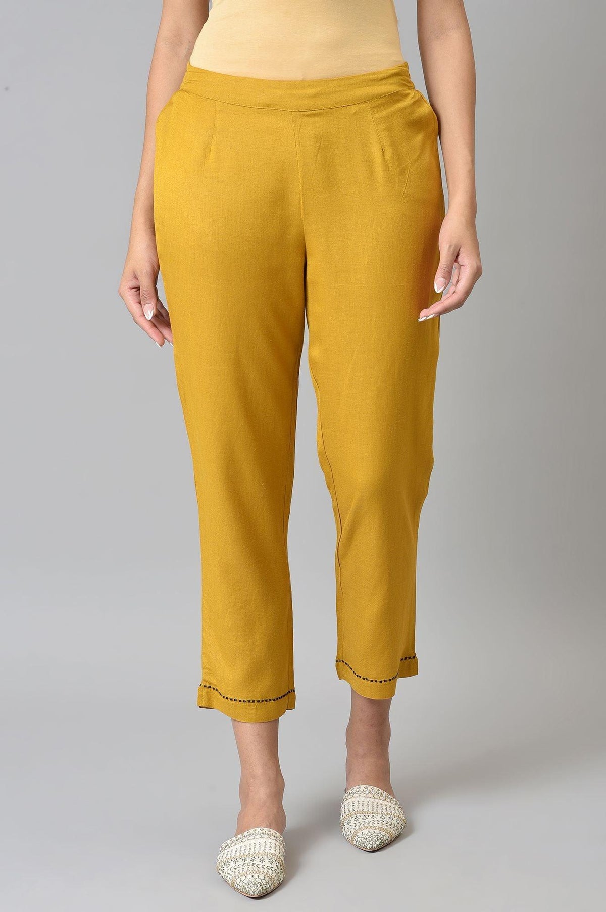Yellow Embroidered Straight Pants - 4XL