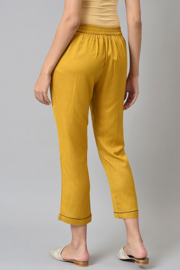 Light Yellow Solid Thread Embroidered Pure Cotton A-Line Kurta and Straight Pant Set