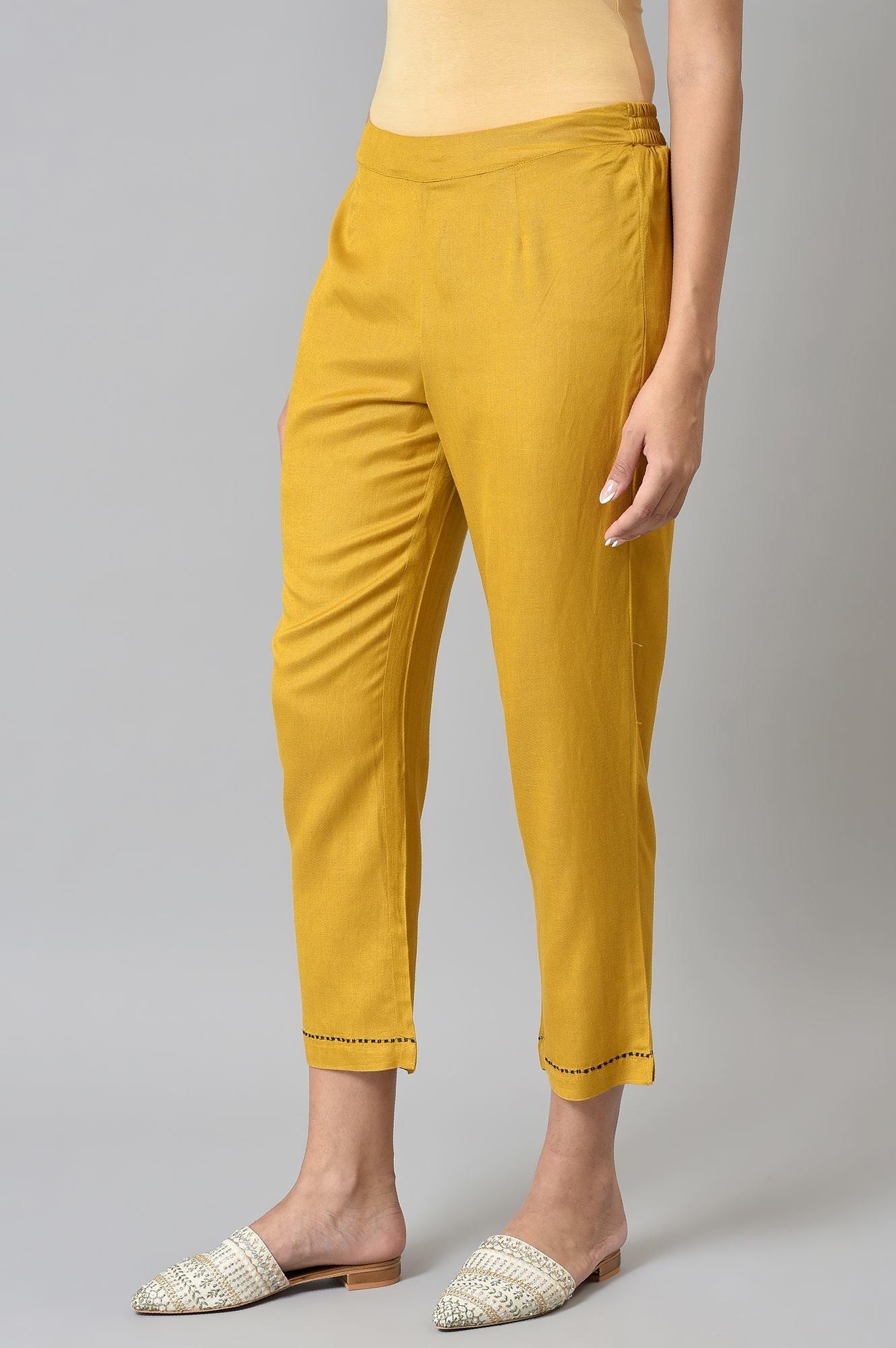 Yellow Embroidered Straight Pants - wforwoman