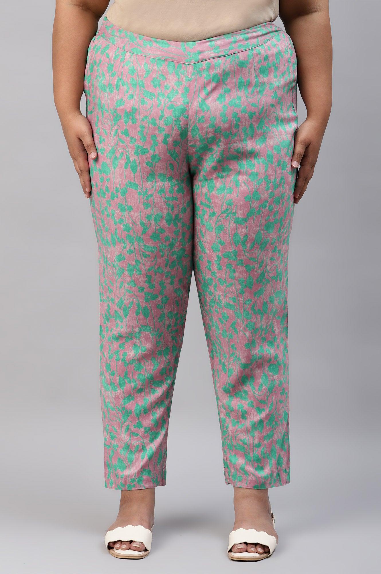 Light Purple Floral Printed Plus Size Pants - wforwoman