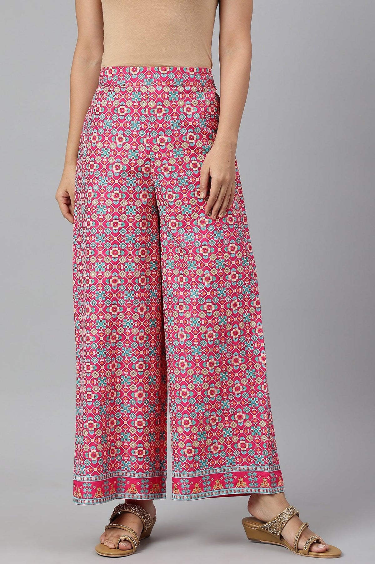 Bright Pink Printed Parallel Pants - 5XL