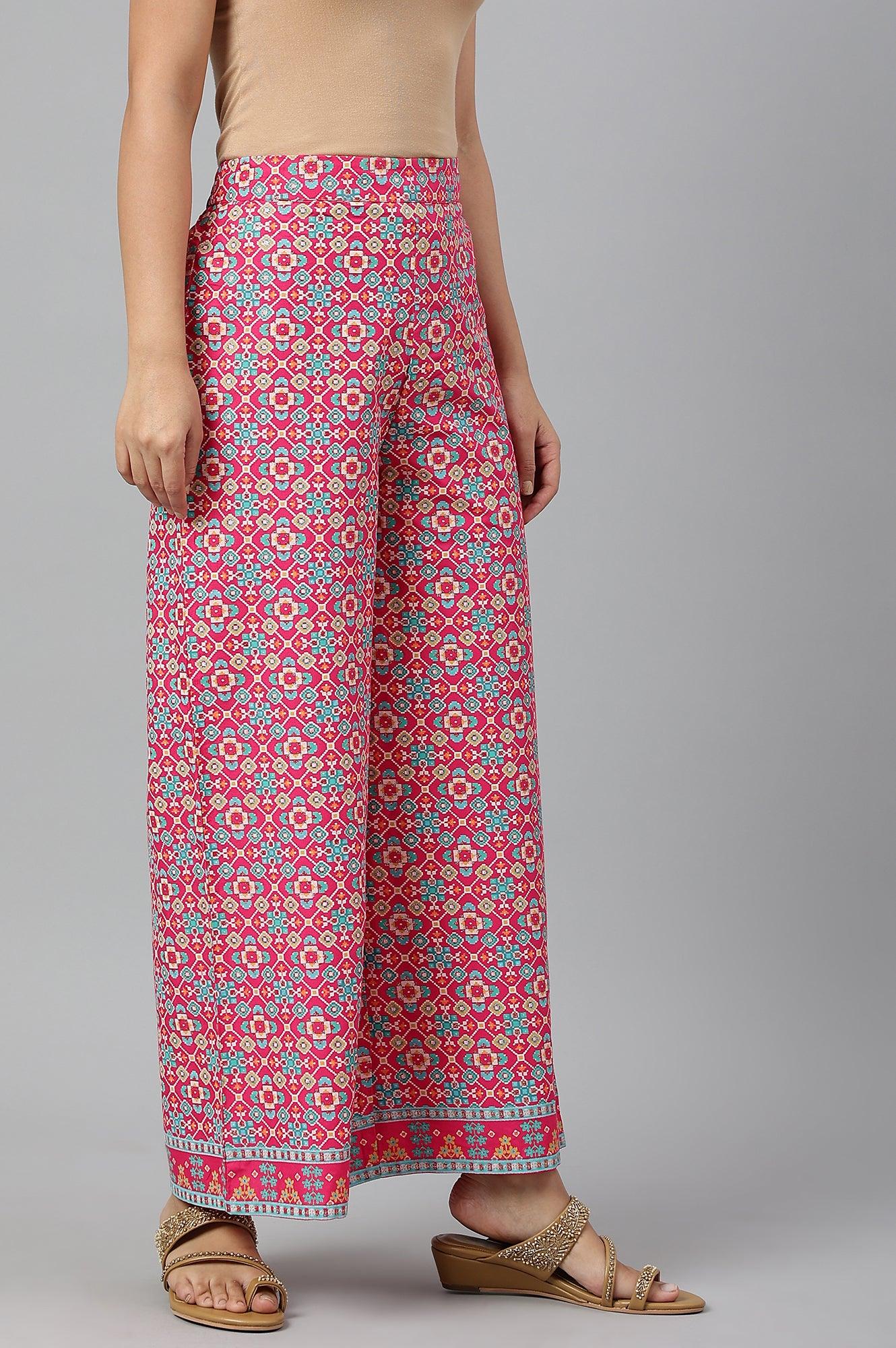 Bright Pink Printed Parallel Pants - wforwoman