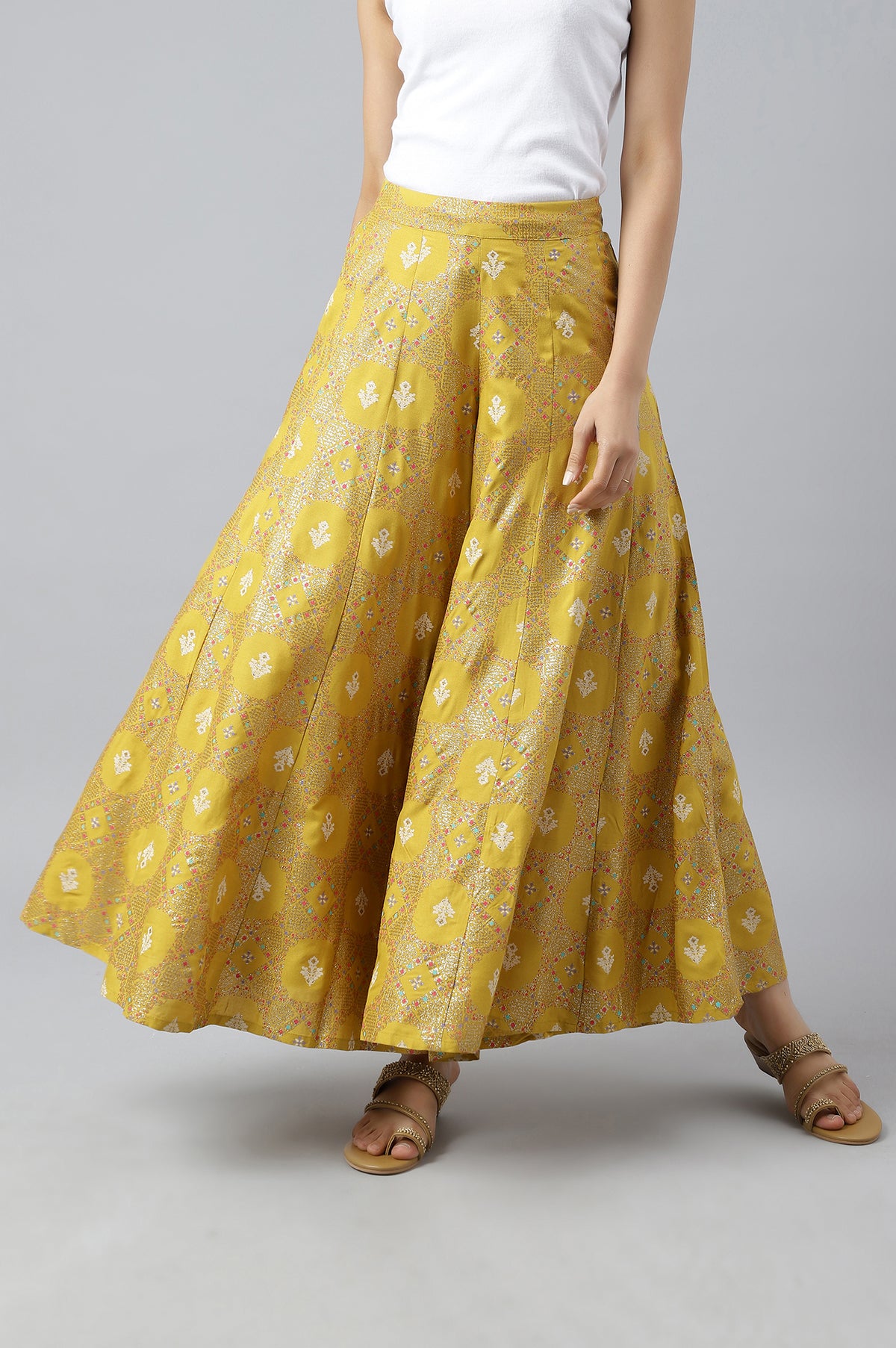 Honeysuckle Yellow Printed Flared Culottes - M