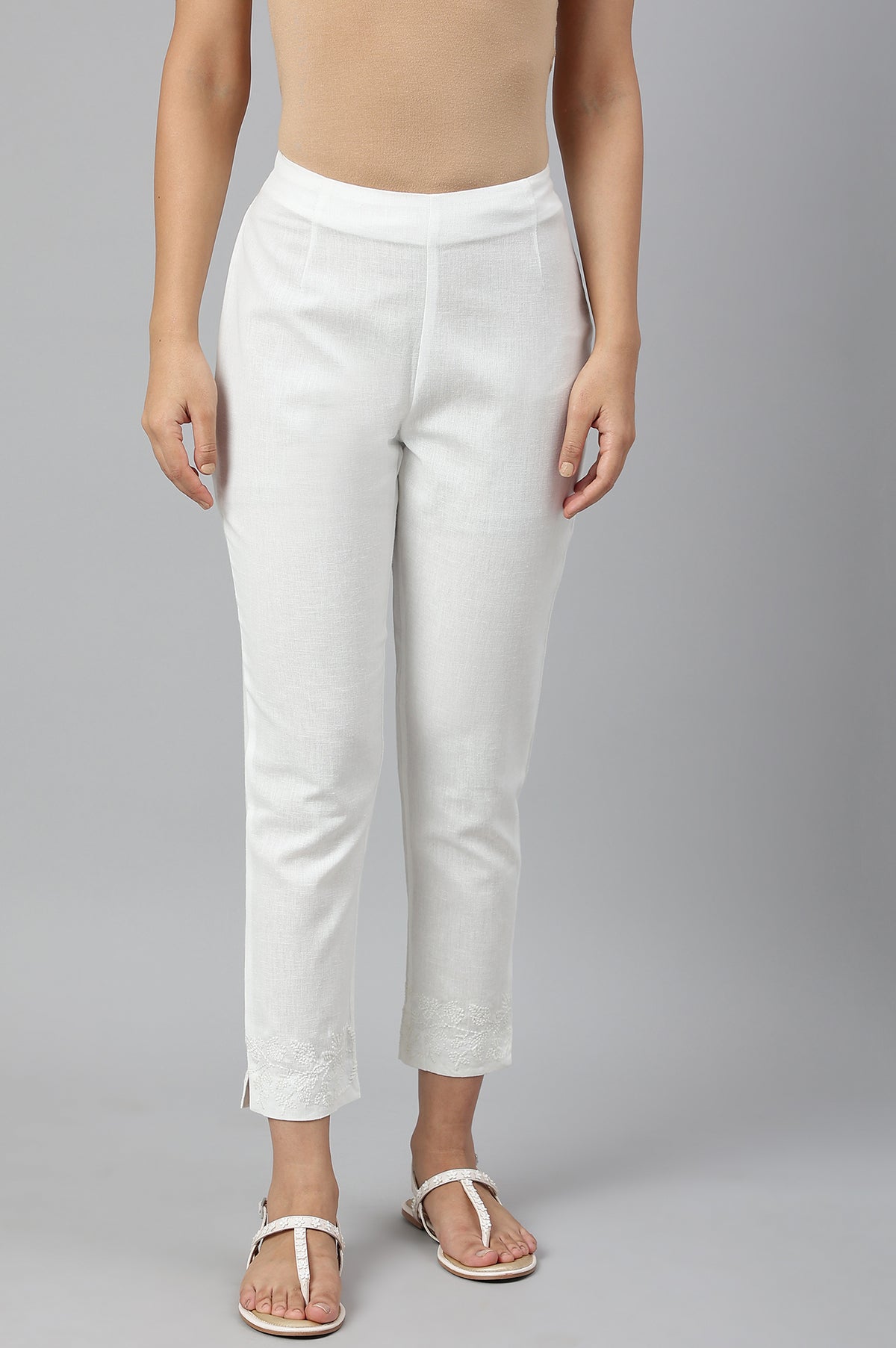 Ecru Cotton Blend Slim Pants - XS