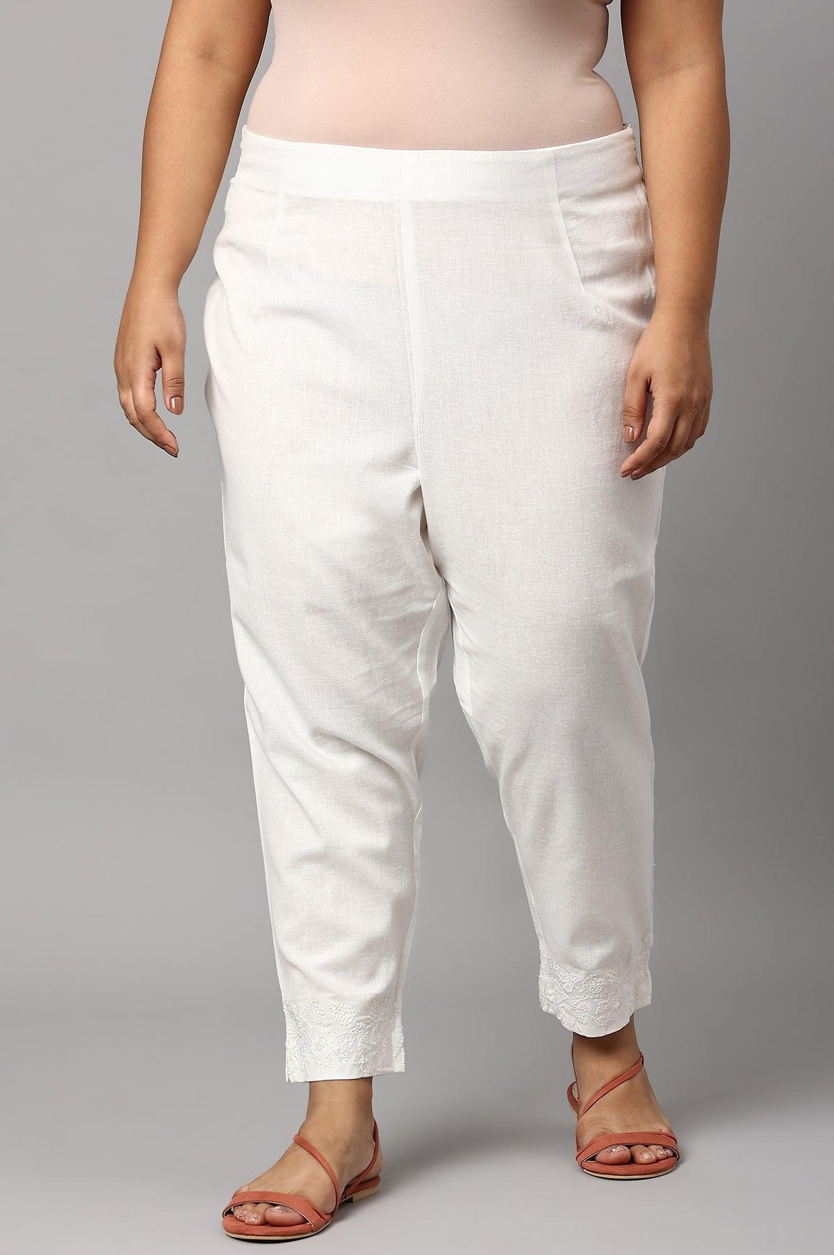 Plus Size Ecru Cotton Blend Slim Pants - 20