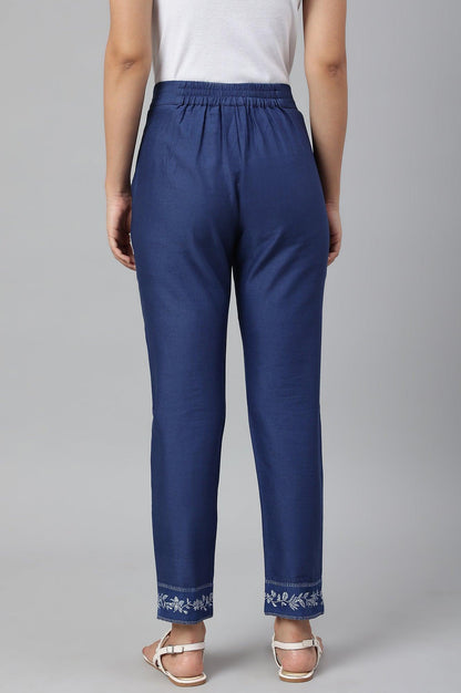 Indigo Blue Cotton Blend Slim Pants - wforwoman