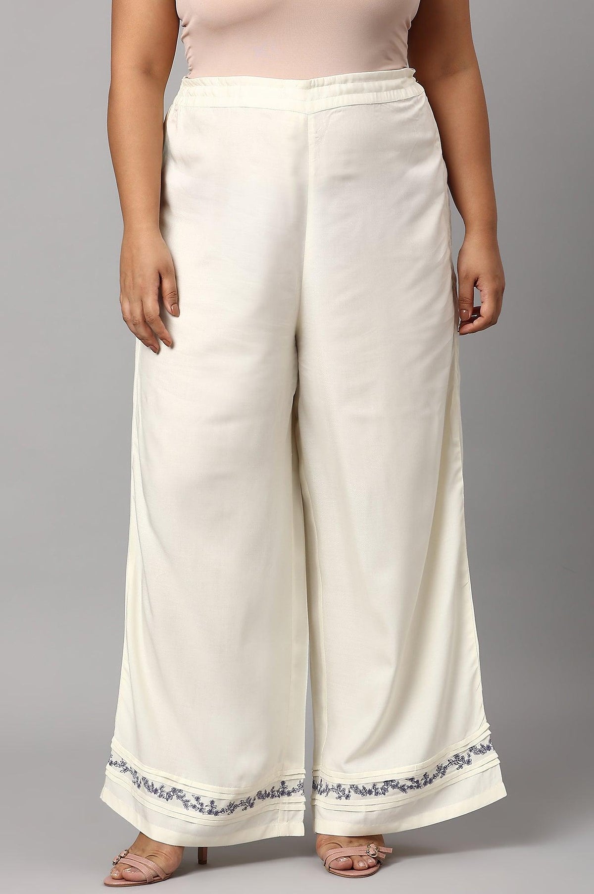 Plus Size Ecru Embroidered Rayon Parallel Pants With Pleats. - 20