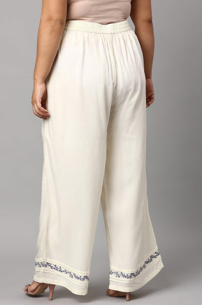 Plus Size Ecru Embroidered Rayon Parallel Pants With Pleats. - wforwoman