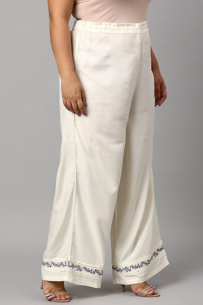 Plus Size Ecru Embroidered Rayon Parallel Pants With Pleats. - wforwoman