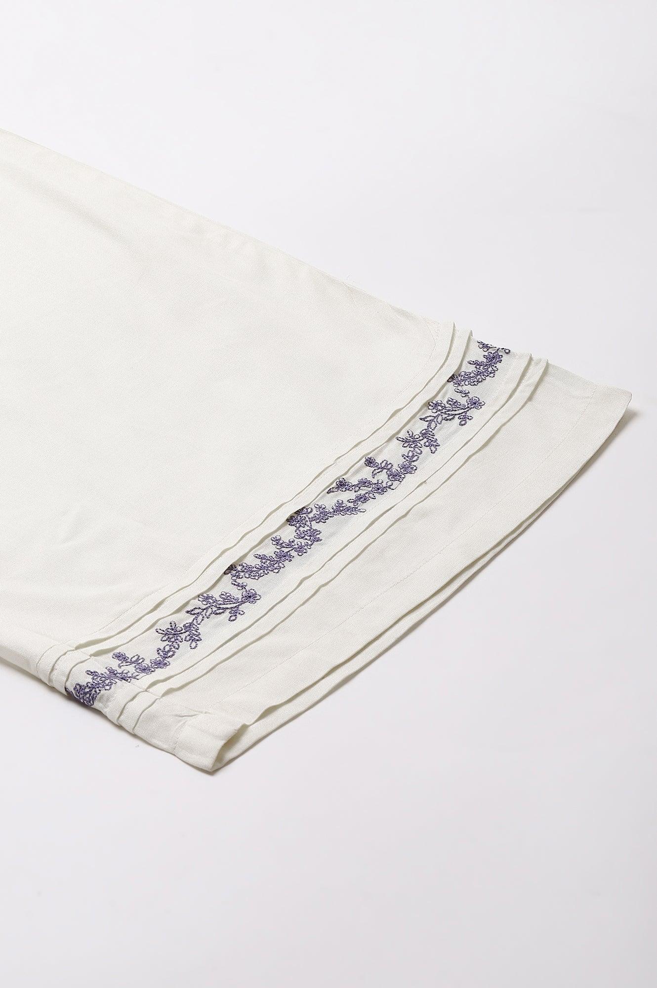 Plus Size Ecru Embroidered Rayon Parallel Pants With Pleats. - wforwoman