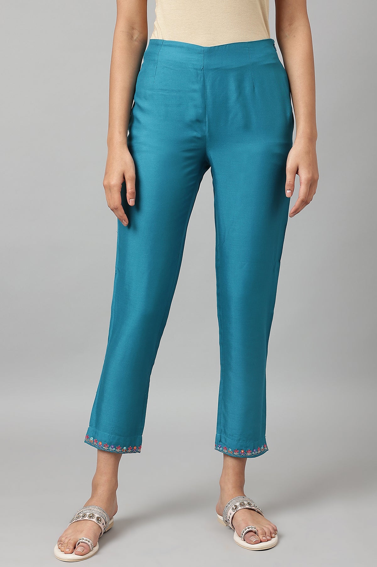 Teal Embroidered Slim Pants - XS