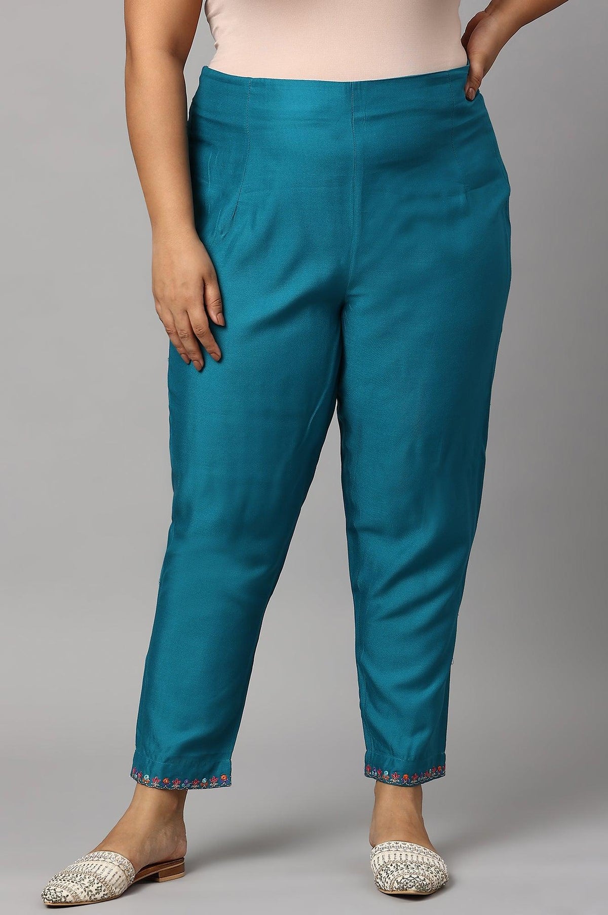 Teal Embroidered Plus Size Slim Pants - 20
