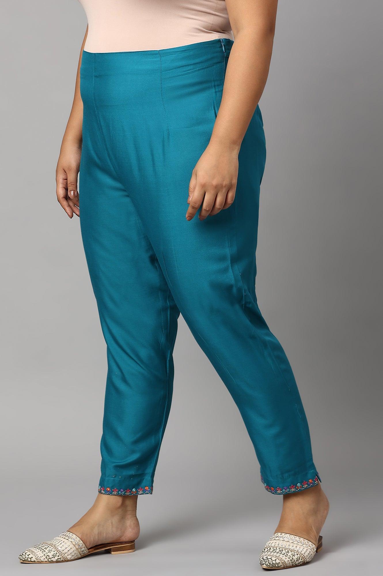 Teal Embroidered Plus Size Slim Pants - wforwoman