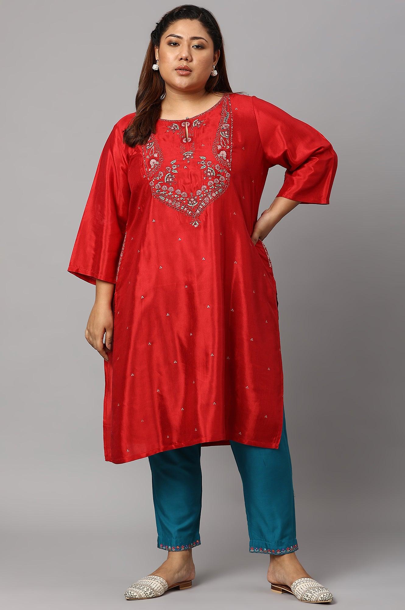 Teal Embroidered Plus Size Slim Pants - wforwoman