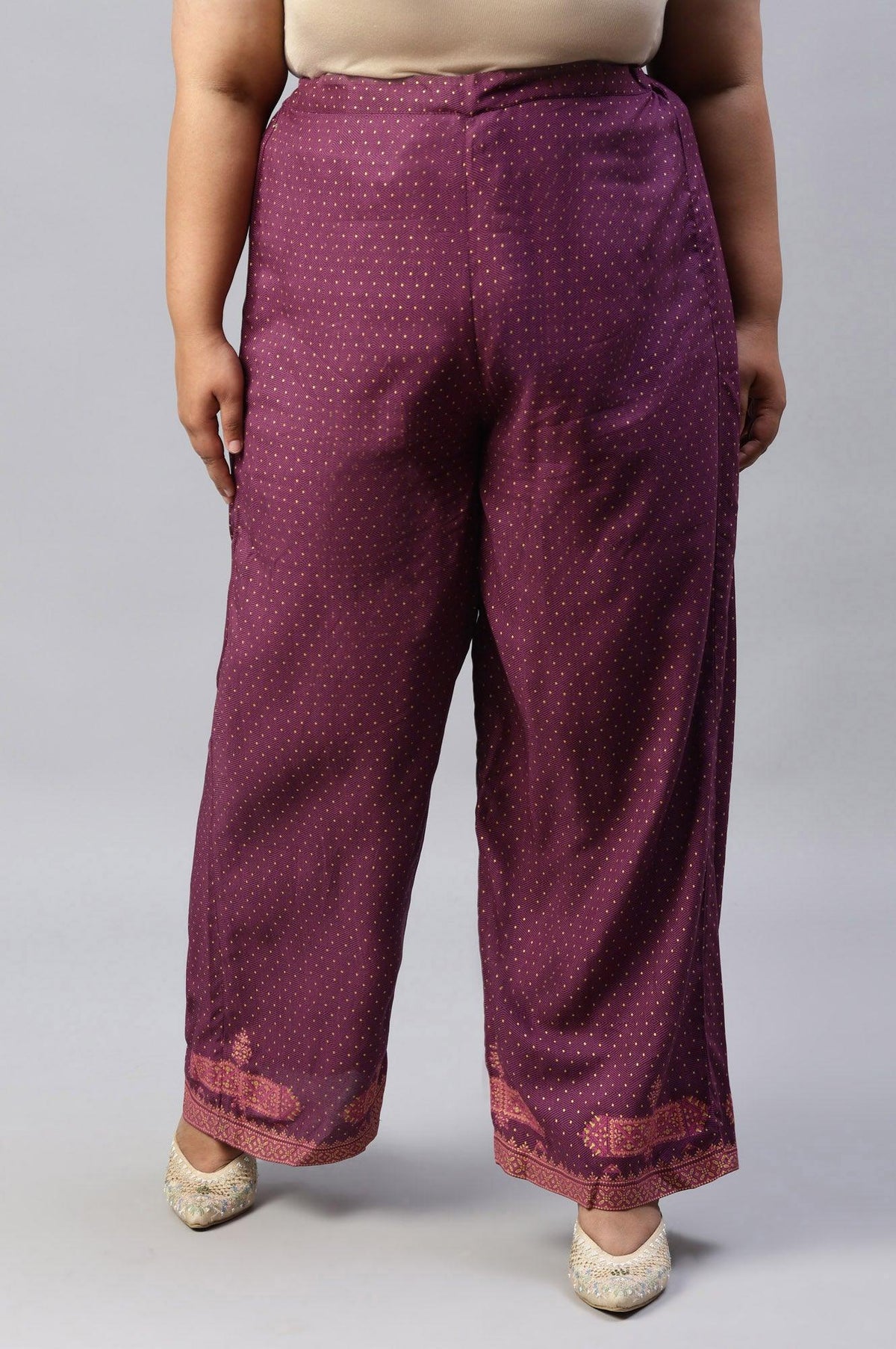 Plus Size Orchid Purple Rayon Printed Parallel Pants - XS